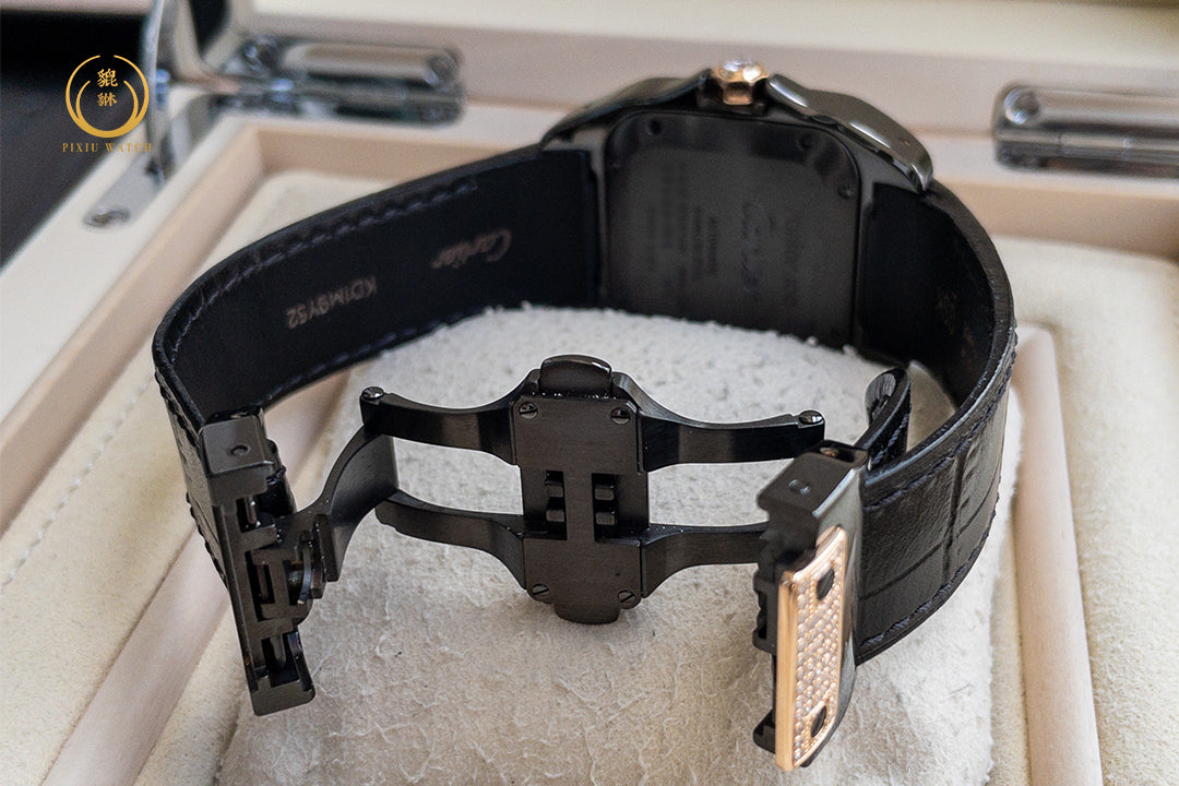 Cartier Santos 100 M 2878 Black Pink Gold Bezel Diamonds After Setting