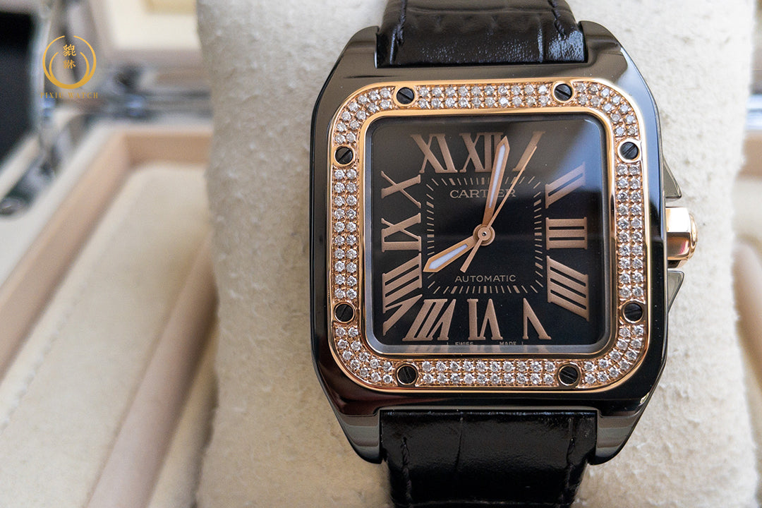 Cartier Santos 100 M 2878 Black Pink Gold Bezel Diamonds After Setting