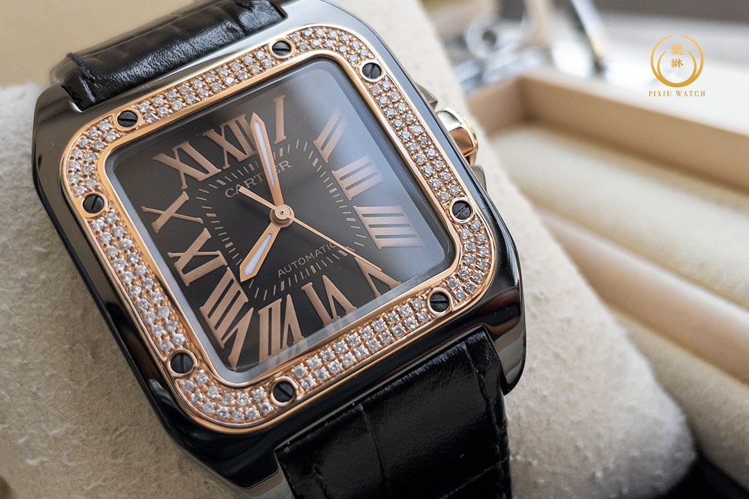 Cartier Santos 100 M 2878 Black Pink Gold Bezel Diamonds After Setting