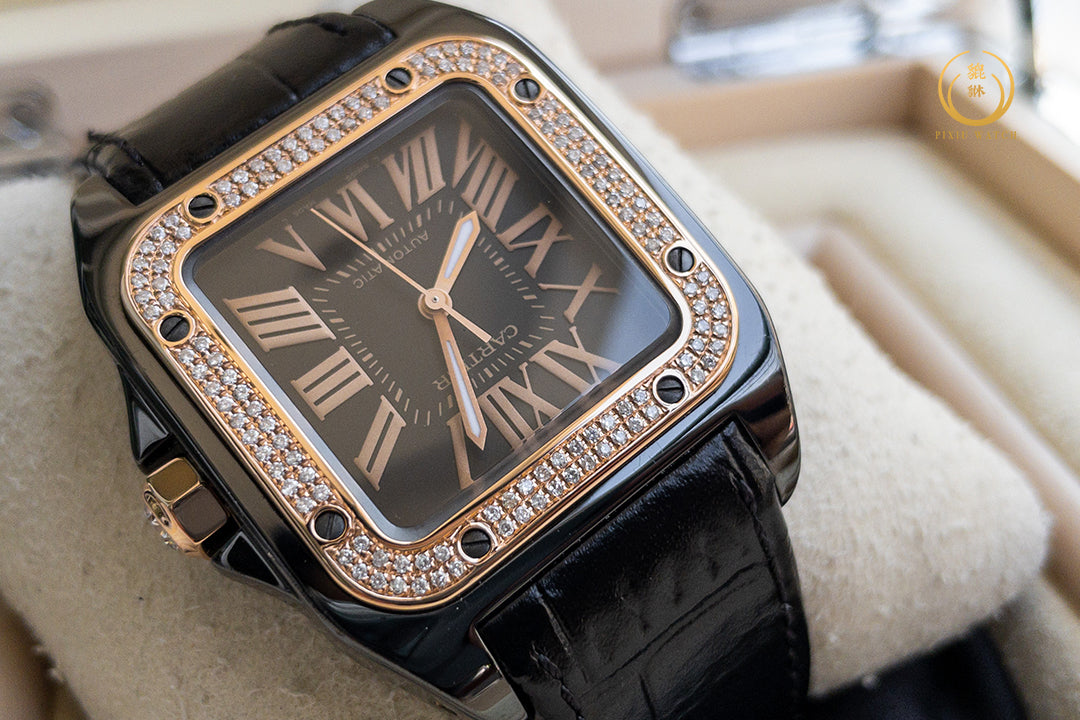 Cartier Santos 100 M 2878 Black Pink Gold Bezel Diamonds After Setting