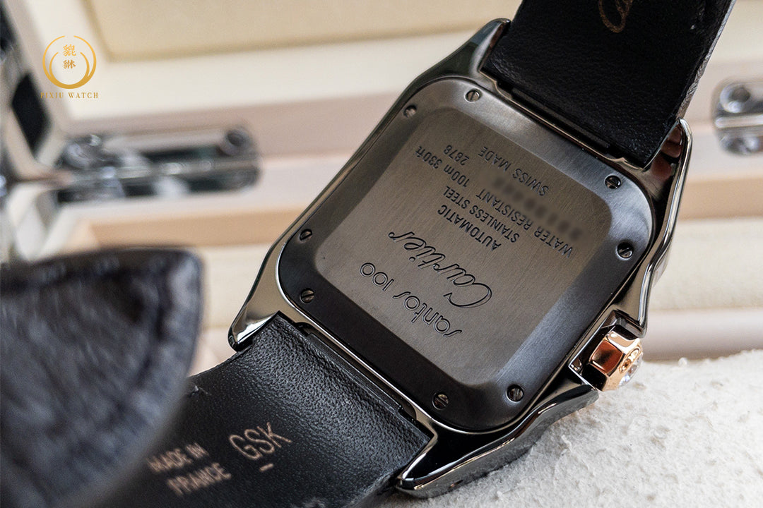 Cartier Santos 100 M 2878 Black Pink Gold Bezel Diamonds After Setting