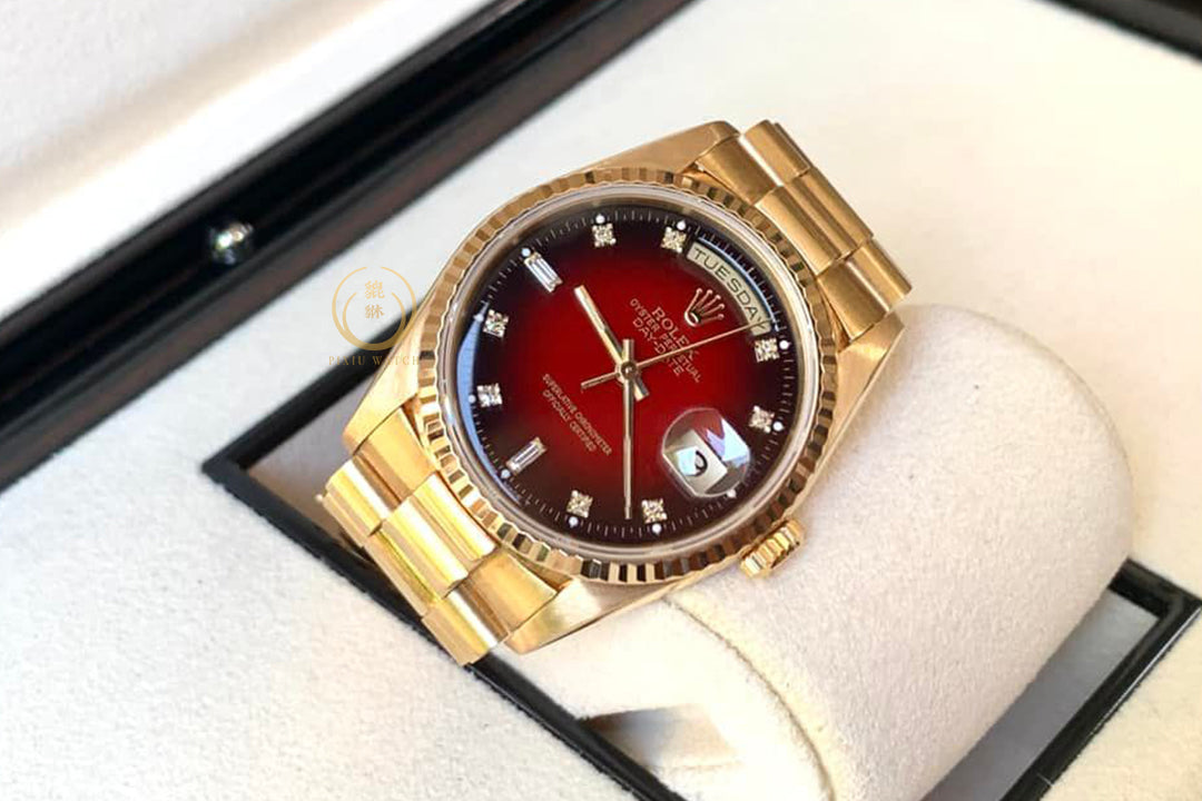 Rolex Vintage Day-Date Red Vignette Diamonds 18C Yellow Gold