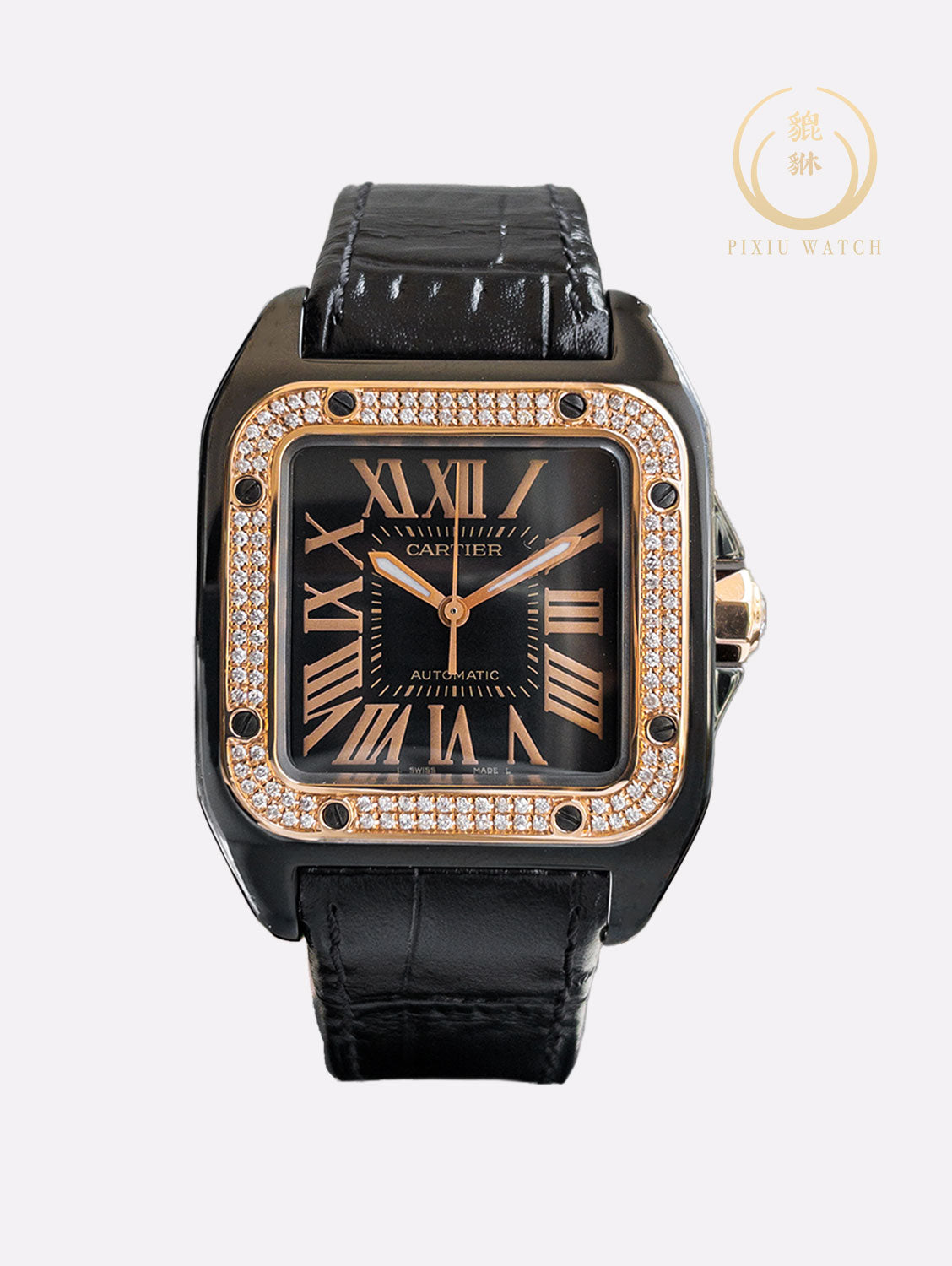 Cartier Santos 100 M 2878 Black Pink Gold Bezel Diamonds After Setting
