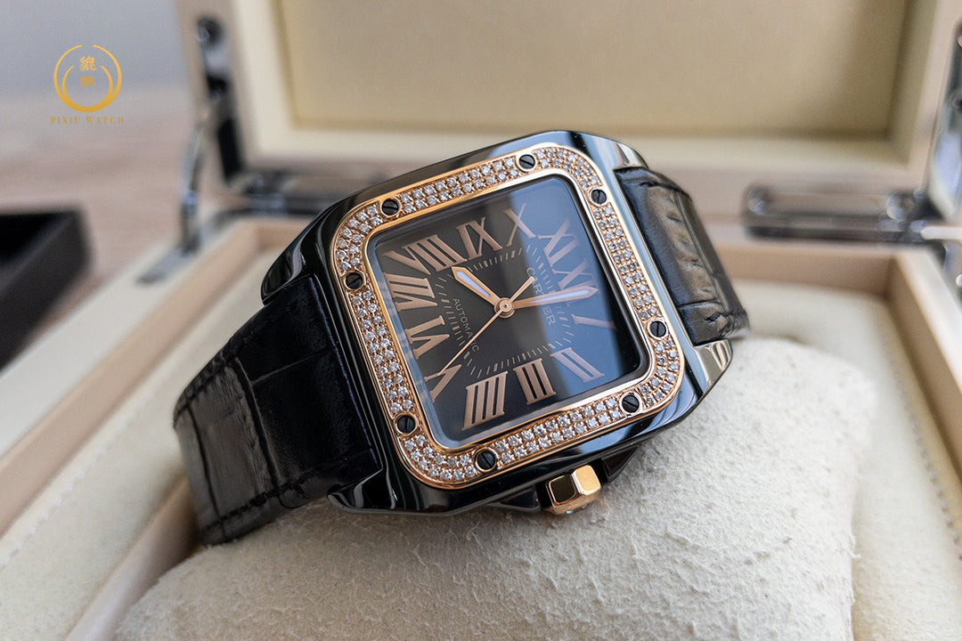Cartier Santos 100 M 2878 Black Pink Gold Bezel Diamonds After Setting