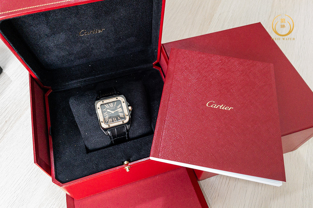 Cartier Santos 100 M 2878 Black Pink Gold Bezel Diamonds After Setting