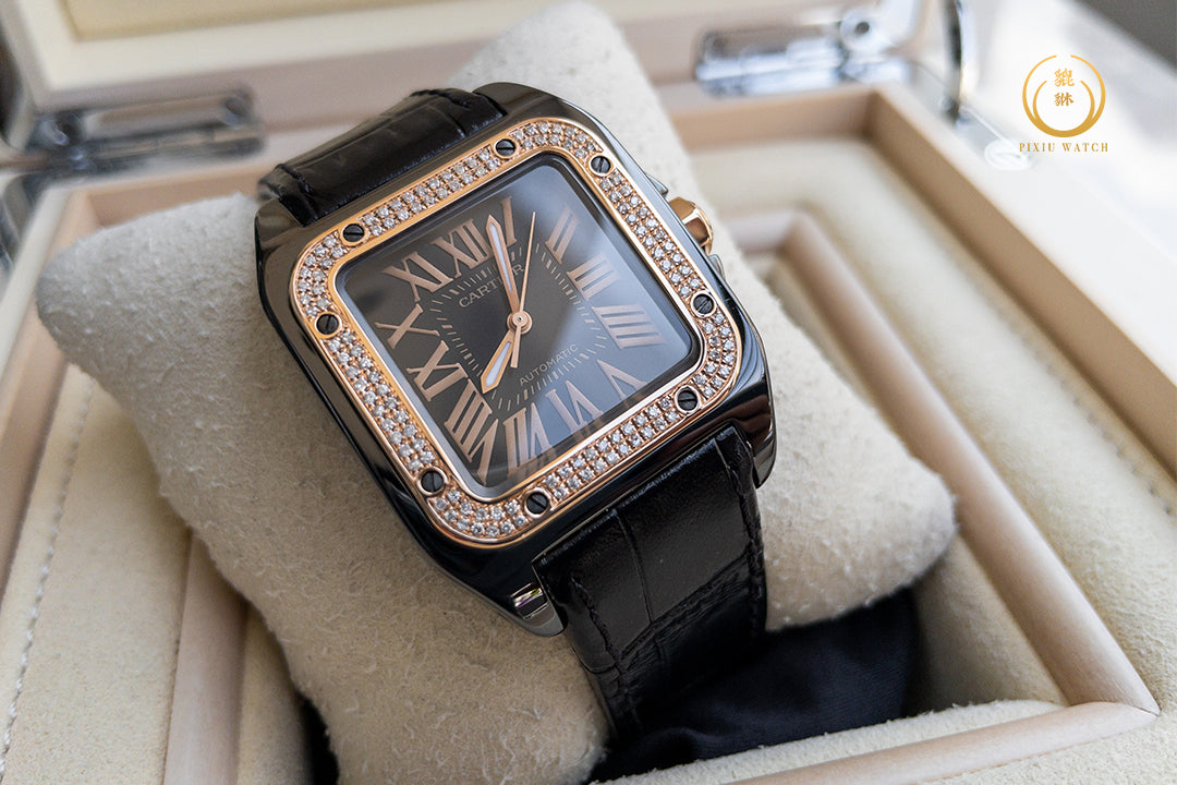 Cartier Santos 100 M 2878 Black Pink Gold Bezel Diamonds After Setting