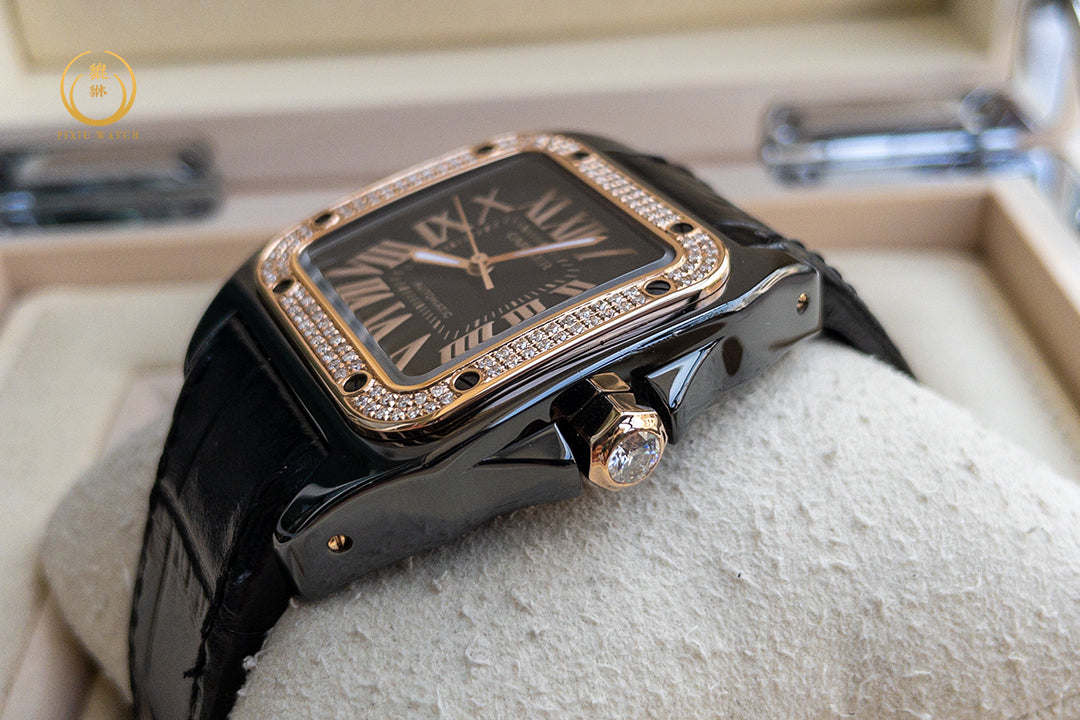 Cartier Santos 100 M 2878 Black Pink Gold Bezel Diamonds After Setting