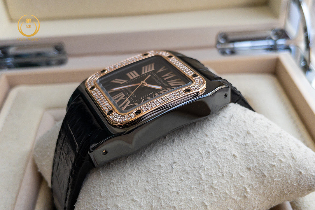 Cartier Santos 100 M 2878 Black Pink Gold Bezel Diamonds After Setting
