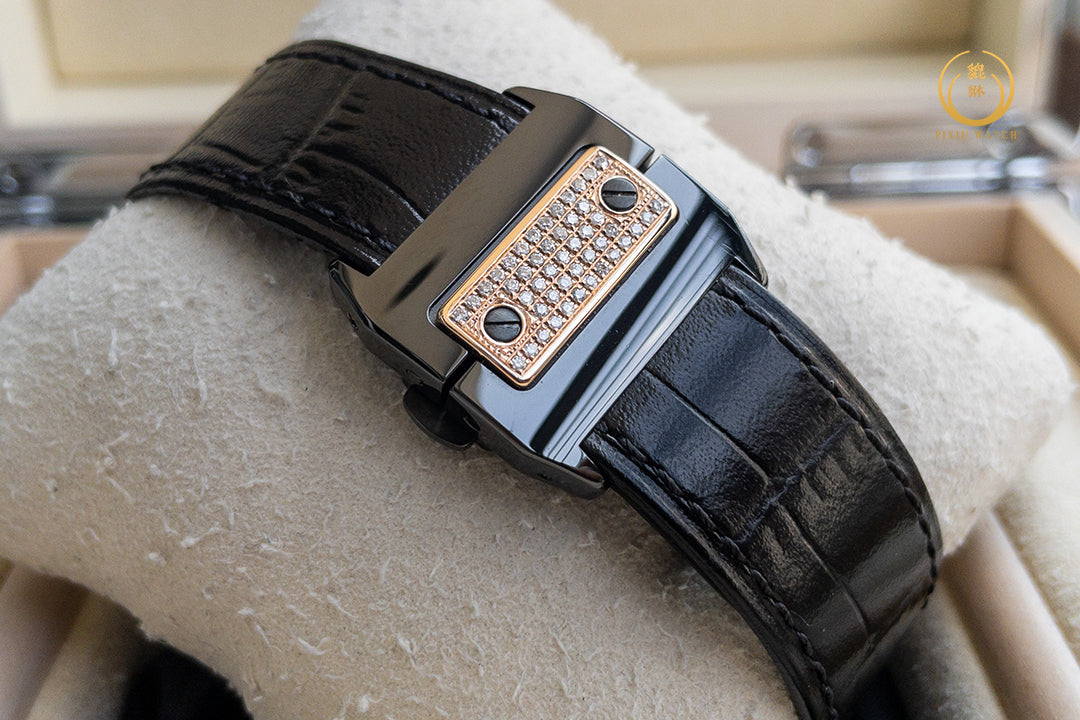 Cartier Santos 100 M 2878 Black Pink Gold Bezel Diamonds After Setting