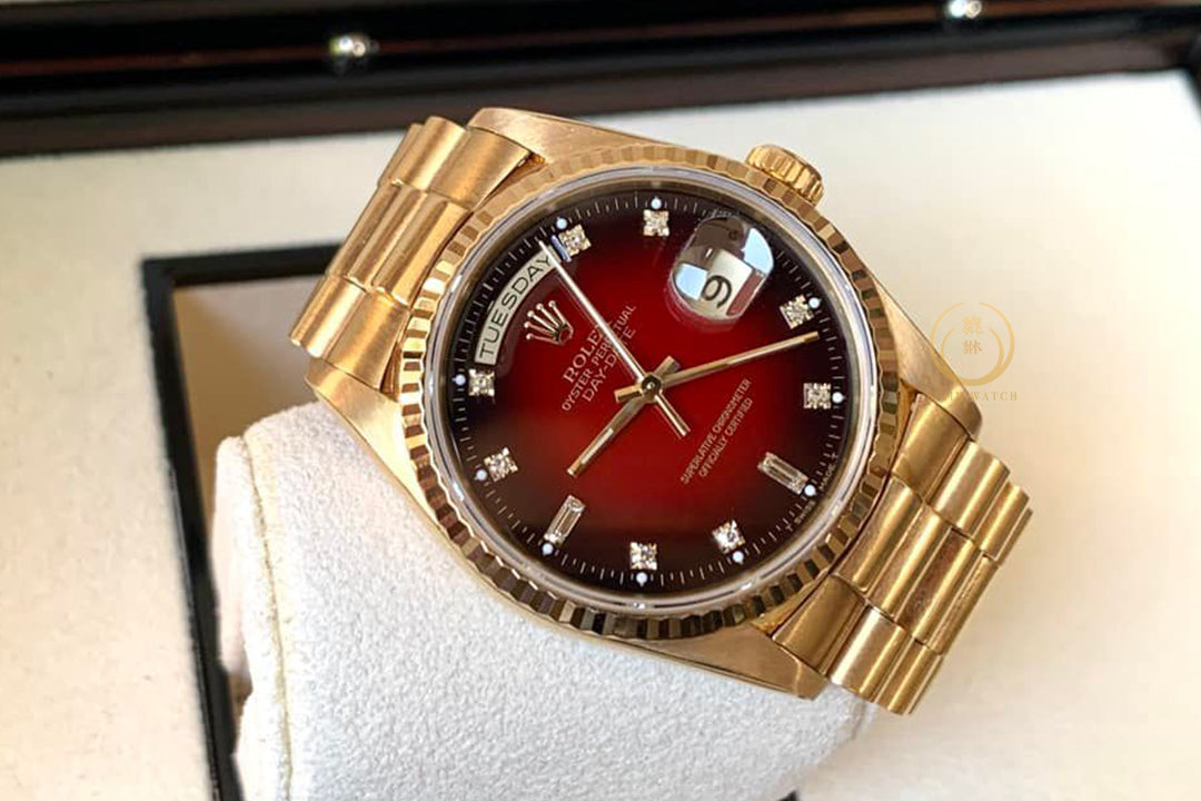 Rolex Vintage Day-Date Red Vignette Diamonds 18C Yellow Gold
